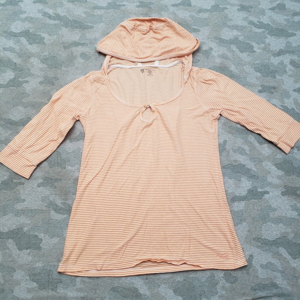Horney Toad Top Womens Small Orange Sun Shirt Striped Hooded Outdoors 3/4 Sleeve
